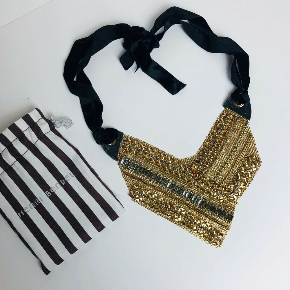 Henri Bendel Gold Ribbon Bib Necklace RARE